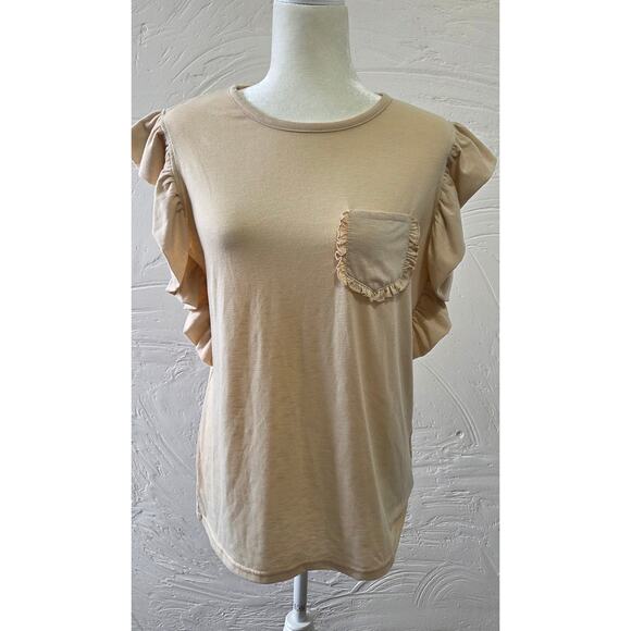 MIHOLL Woman's Beige Colored Ruffle Sleeves T-shirt Size Small - Picture 1 of 5